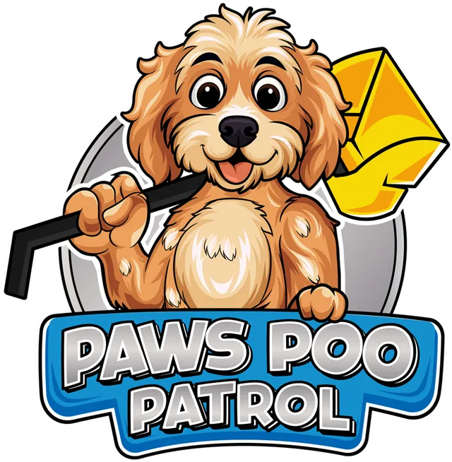 Paws Poo Patrol logo: a cartoon doodle carrying a pooper scooper over its shoulder